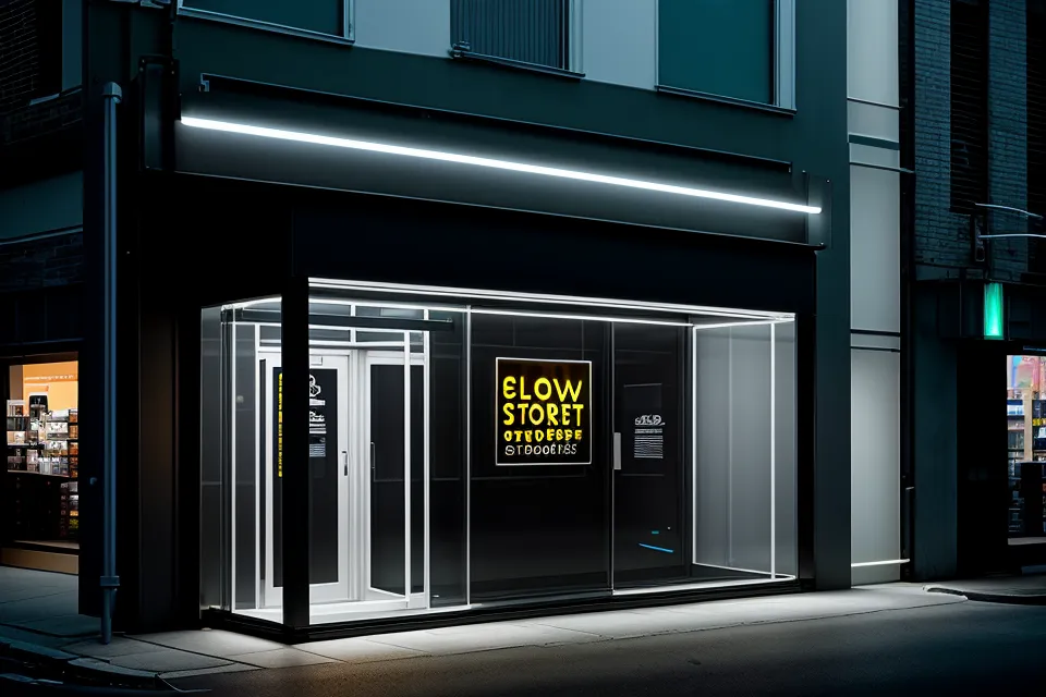 Simulation d'une enseigne lumineuse de boutique avec un logo en version négative, test d'identité visuelle rétroéclairée