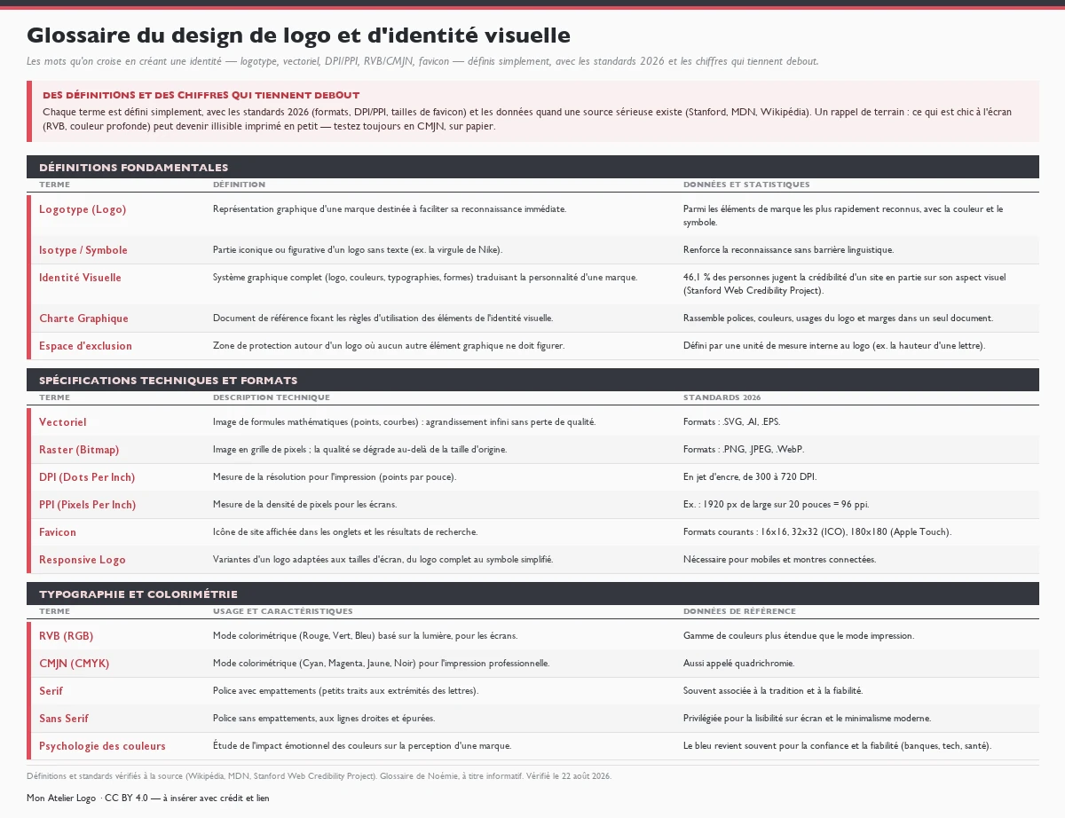 Glossaire du design de logo et d'identité visuelle en trois parties. Définitions fondamentales : logotype, isotype/symbole, identité visuelle (46,1 % des personnes jugent la crédibilité d'un site en partie sur son aspect visuel, d'après le Stanford Web Credibility Project), charte graphique, espace d'exclusion. Spécifications techniques : vectoriel (.SVG, .AI, .EPS), raster (.PNG, .JPEG, .WebP), DPI (300 à 720 en jet d'encre), PPI (96 ppi par exemple), favicon (16x16, 32x32, 180x180), responsive logo. Typographie et colorimétrie : RVB pour les écrans, CMJN pour l'impression, serif, sans serif, psychologie des couleurs. Définitions simples avec les standards 2026 et des chiffres sourcés.